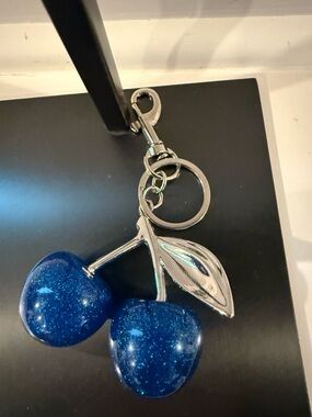 Sparkling Blue Cherry Keychain with Silver Stem